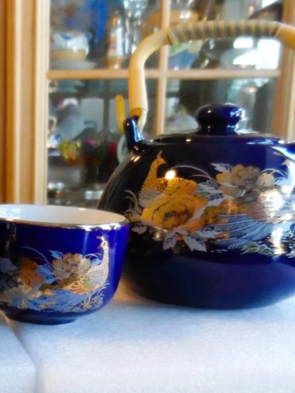 Japanese Cobalt Blue Teapot + 5 Cups Peacock/Floral/Gold Trim Bamboo Handle VTG